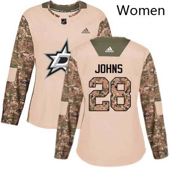 Womens Adidas Dallas Stars 28 Stephen Johns Authentic Camo Veterans Day Practice NHL Jersey
